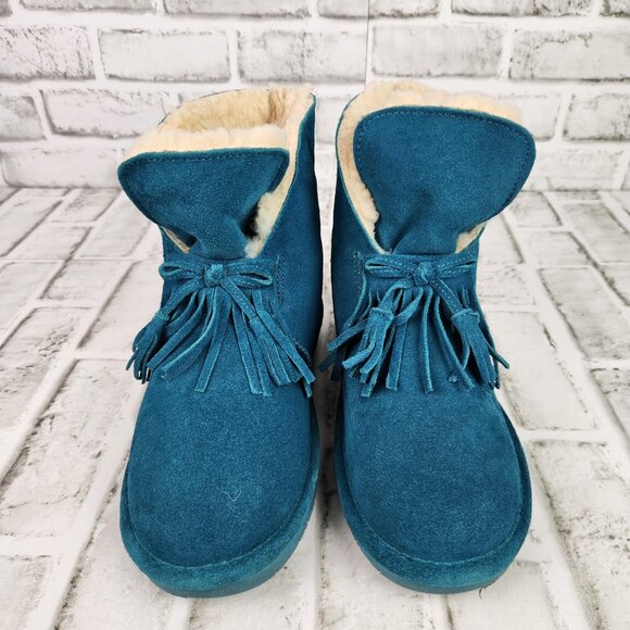 Bearpaw Christie Women's Sz 7 Teal Blue Suede Wool Sheepskin Footbed Ankle Boots - Picture 9 of 12